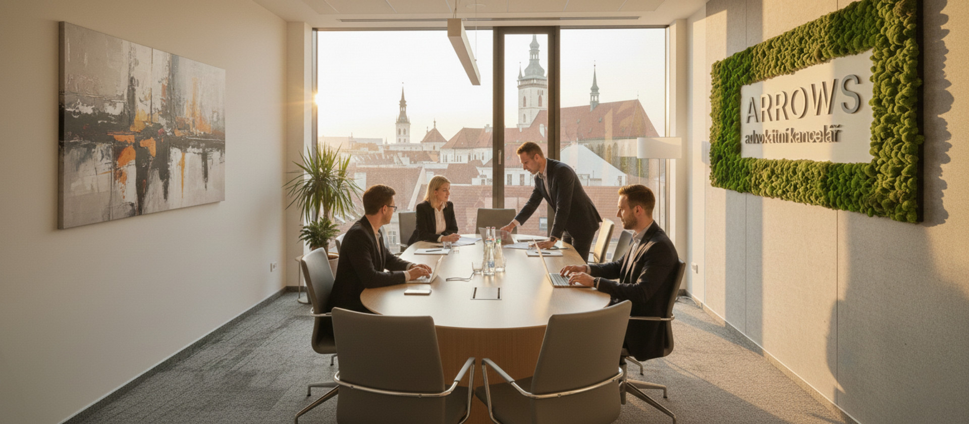 Business meeting discussing Czech holding structure setup in a modern office setting.