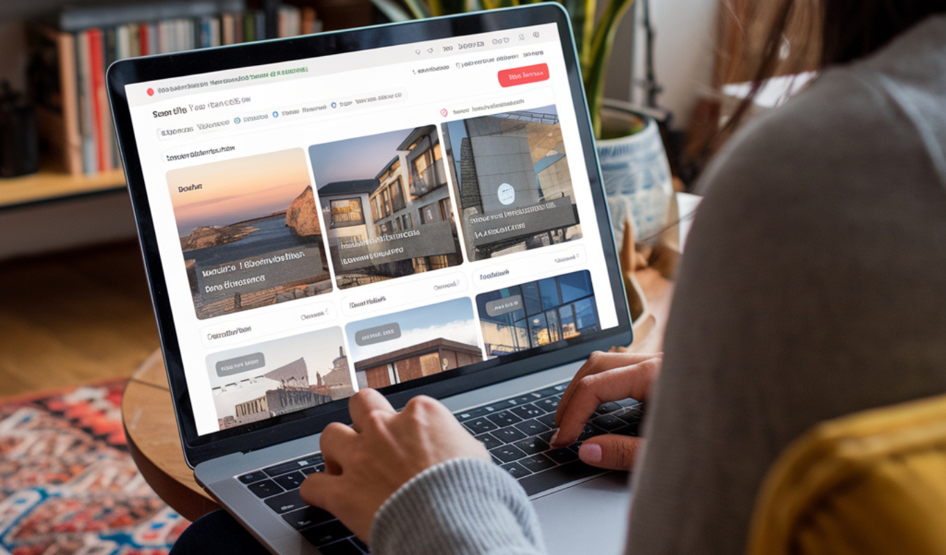 Person browsing rental listings on a laptop, related to rent guarantee and subletting topics.